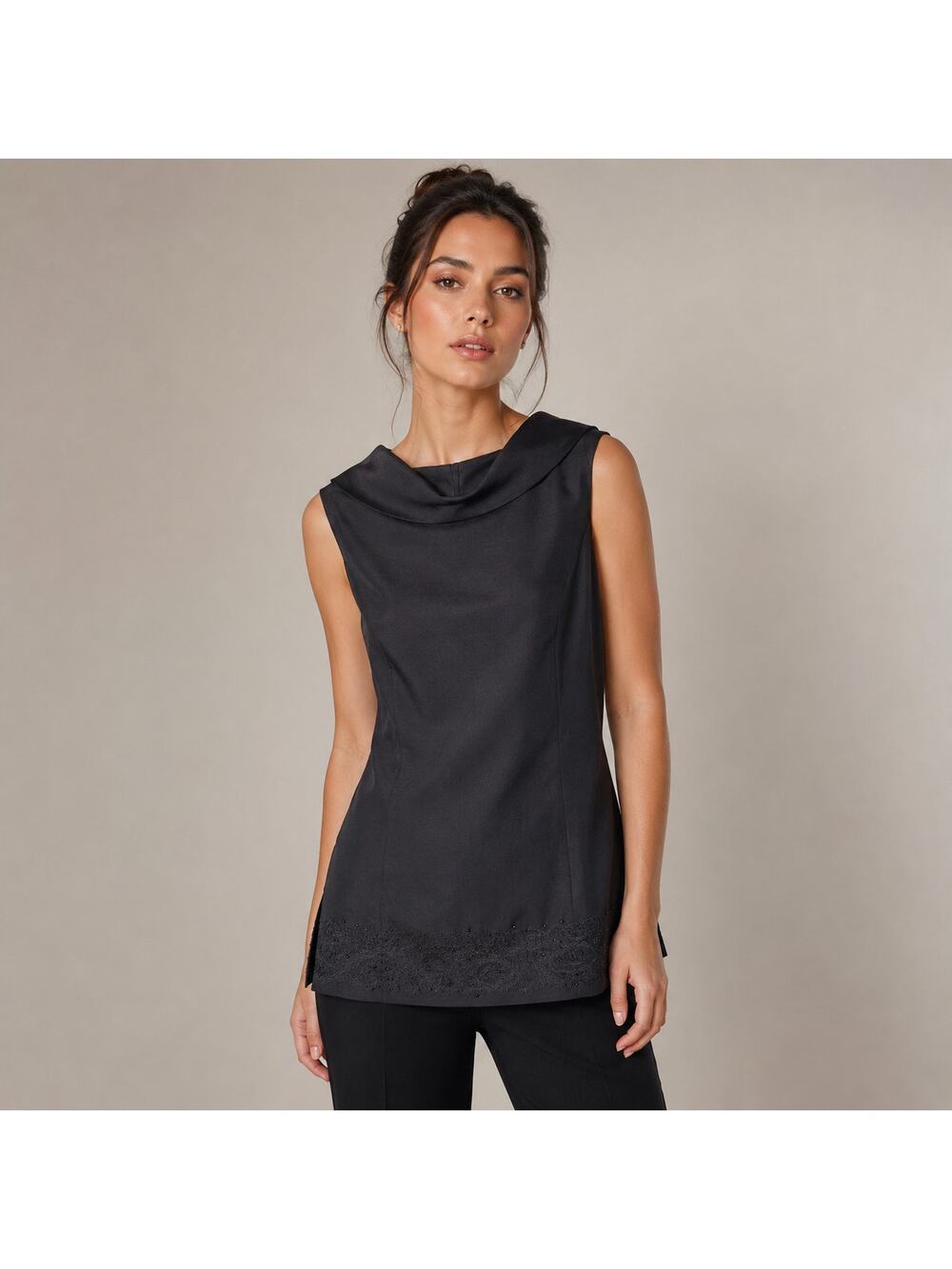Talbots Silk Tunic‎ Top Beaded Embroidered Black 10 Quiet Luxury Roll Neck